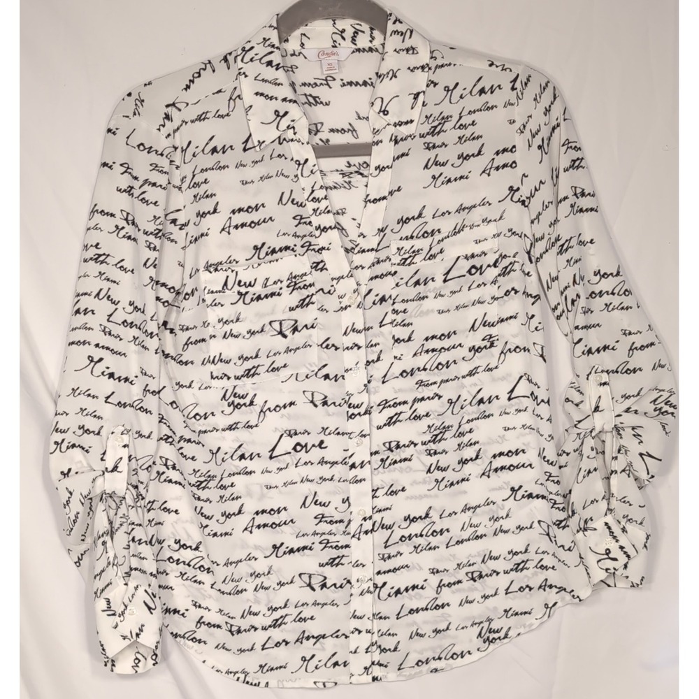 Candies Script Print Button Down Blouse White Black Cities XS 137125